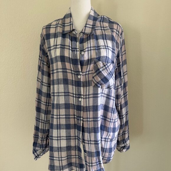 Rails Shirt Charli Linen Blend Blue/White Check Plaid LS Button Up Blouse Top - Picture 1 of 9